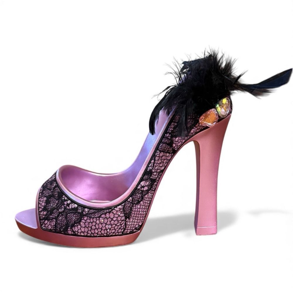 Evergreen Lace High Heel Wine Holder Purple and Black with Feather Accent